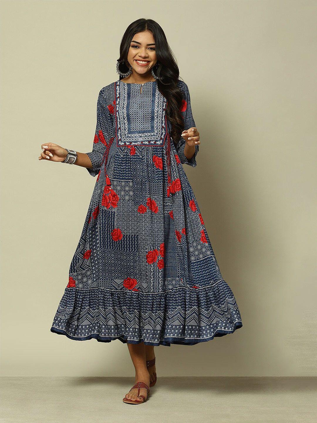 rangriti ethnic motifs printed gathered detailed fit & flare midi ethnic dress