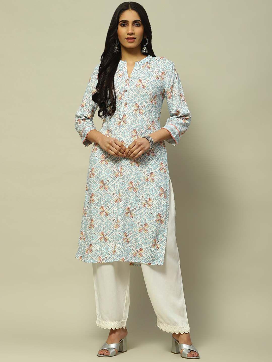 rangriti ethnic motifs printed mandarin collar regular straight kurta