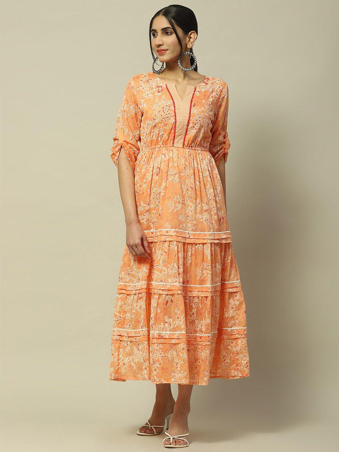 rangriti floral printed roll-up sleeves gathered tiered voile fit & flare midi dress