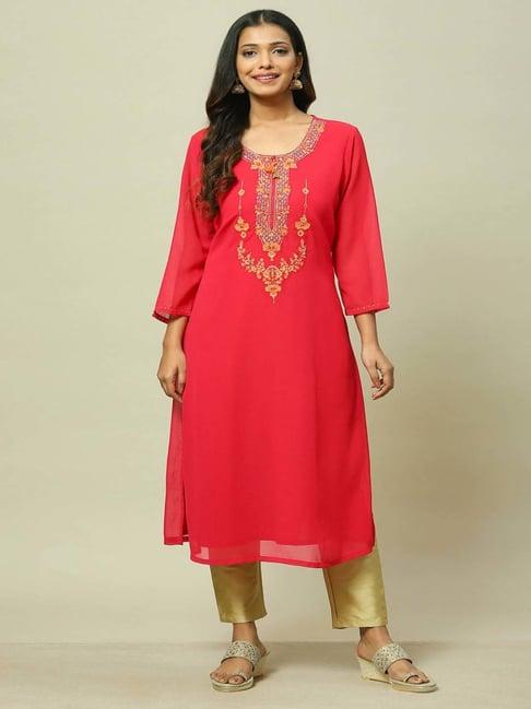 rangriti fuchsia embroidered straight kurta