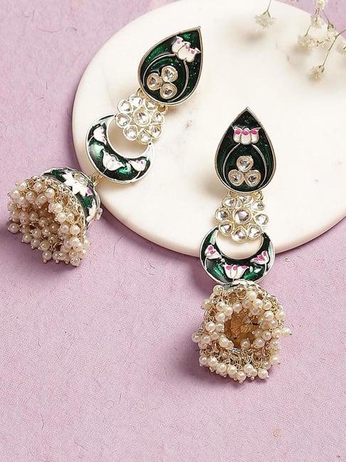rangriti green & white alloy jhumki earrings