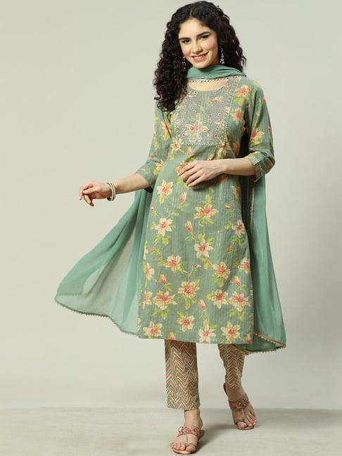 rangriti green cotton printed kurta pant set with dupatta