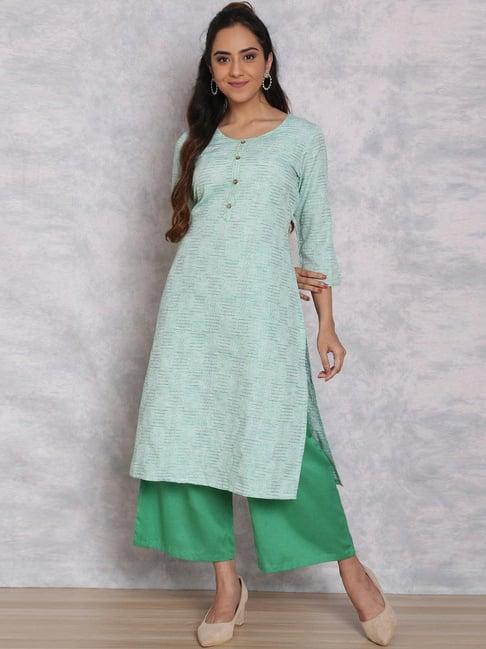 rangriti green cotton woven pattern kurta palazzo set