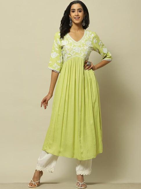 rangriti green embroidered a line kurta