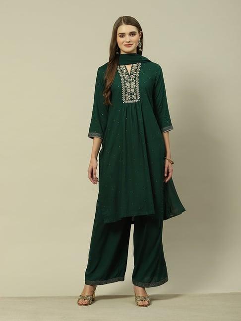 rangriti green embroidered kurta with palazzo & dupatta