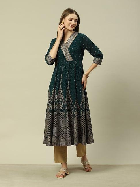 rangriti green printed fit & flare kurta