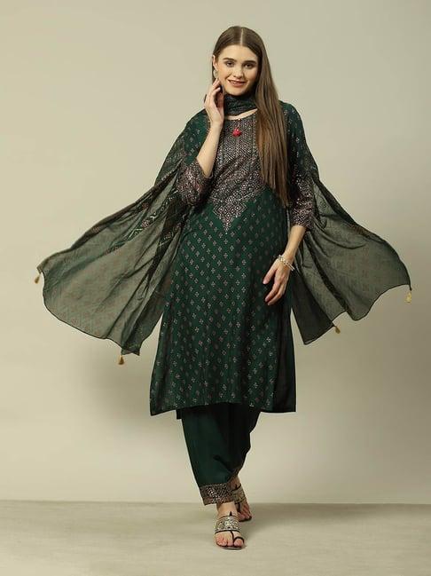 rangriti green printed kurta with pant & dupatta