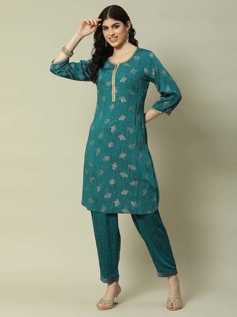 rangriti green printed kurti pant set