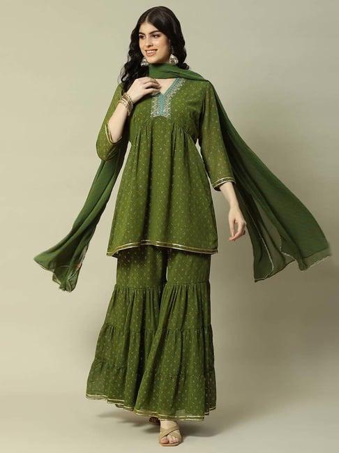 rangriti green printed kurti sharara set with dupatta