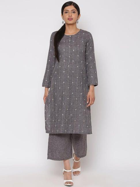 rangriti grey cotton embroidered kurta bottom set