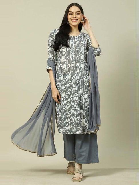 rangriti grey cotton printed kurta and palazzo set with dupatta