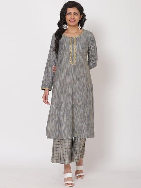 rangriti grey cotton printed kurta bottom set