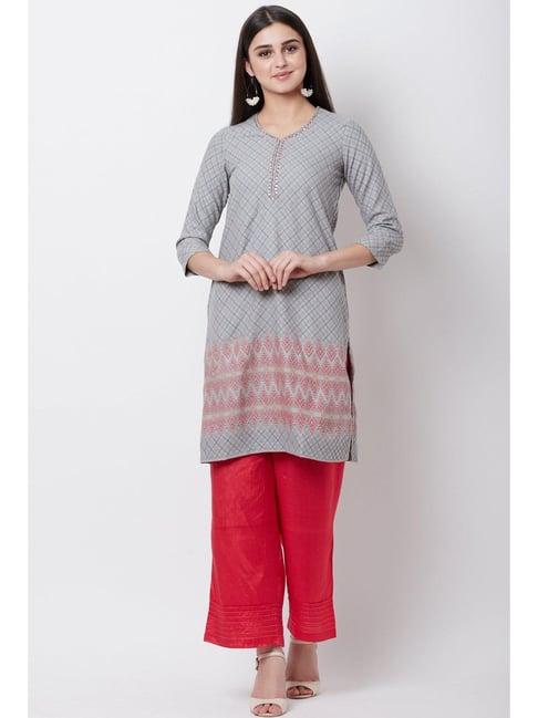 rangriti grey cotton printed straight kurta