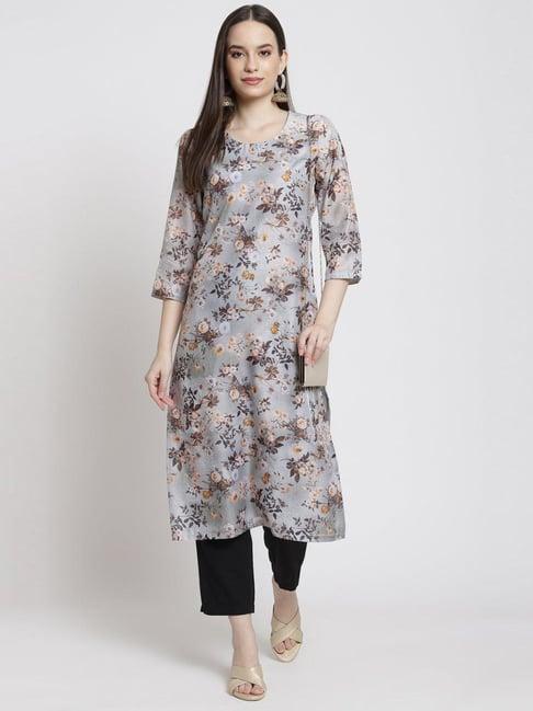 rangriti grey floral print straight kurta