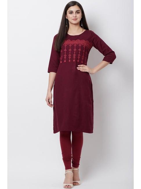 rangriti maroon cotton embroidered straight kurta