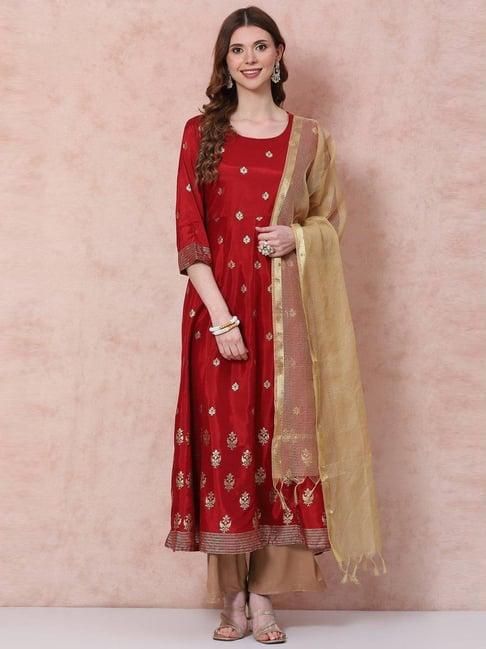 rangriti maroon printed a line kurta with dupatta