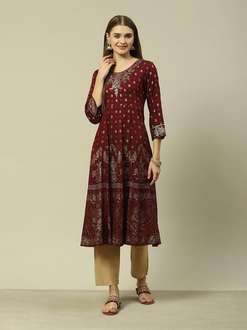 rangriti maroon printed fit & flare kurta