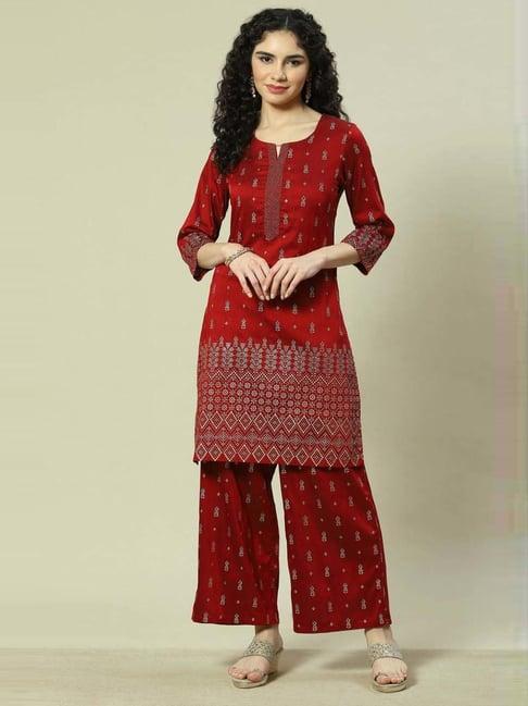 rangriti maroon printed kurta and palazzo set