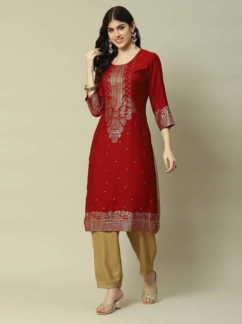 rangriti maroon printed straight kurta