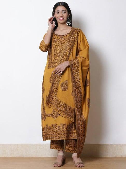 rangriti mustard embroidered kurta & bottom set with dupatta