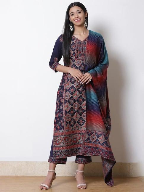 rangriti navy blue embroidered  kurta & bottom set with dupatta