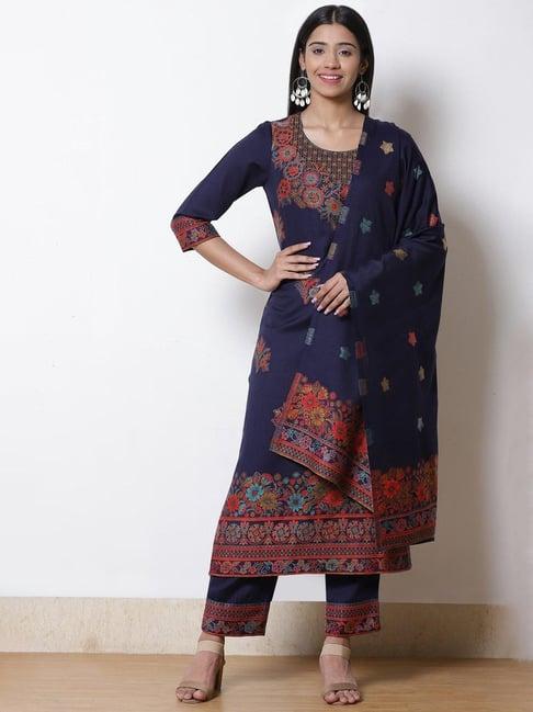 rangriti navy blue embroidered kurta & bottom set with dupatta