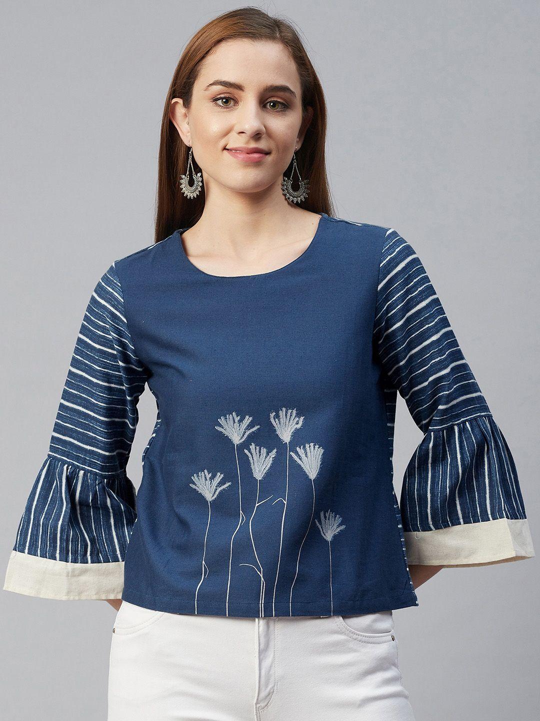 rangriti navy blue floral printed pure cotton kurti