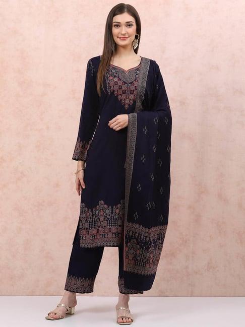 rangriti navy embroidered kurta with palazzo & dupatta