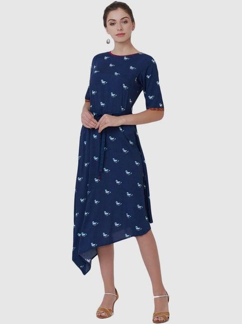 rangriti navy printed assymetric dress