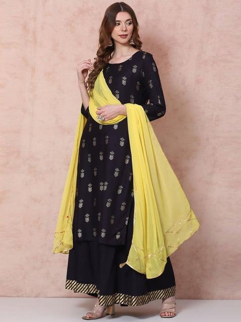 rangriti navy printed kurta skirt set with dupatta