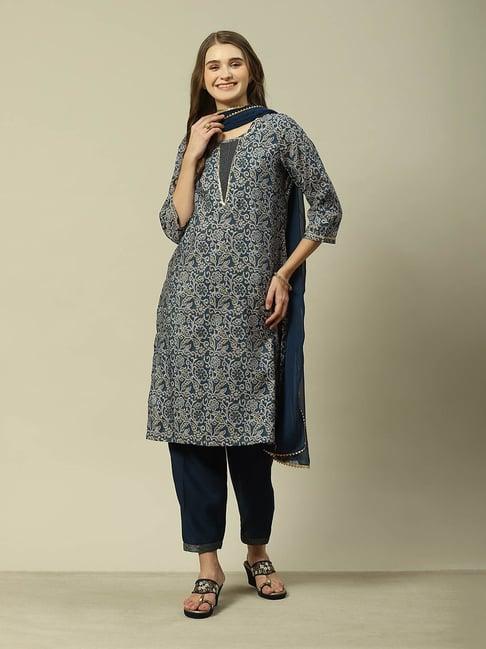 rangriti navy printed kurta with pant & dupatta