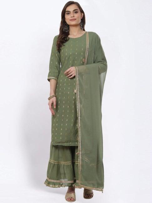 rangriti olive green woven pattern kurta sharara set with dupatta & mask