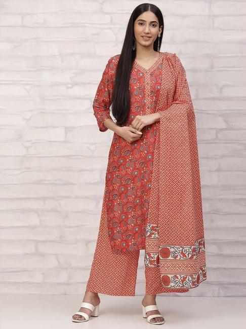 rangriti orange printed kurta palazzo set with dupatta