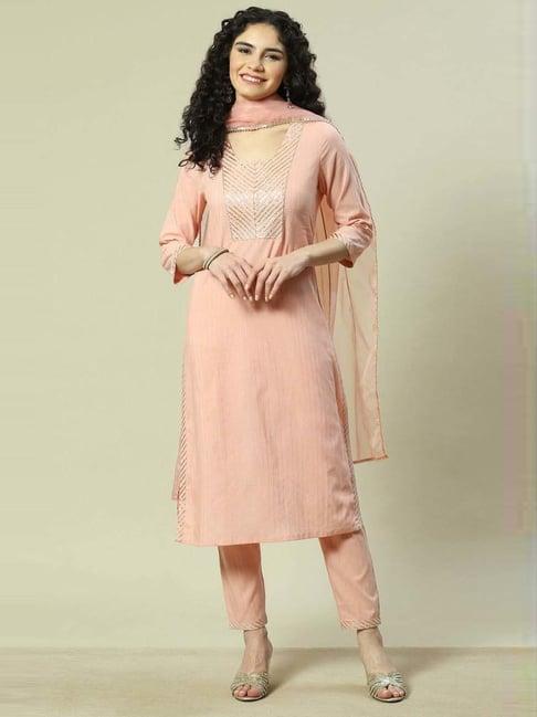 rangriti peach zari work kurta and pant set with dupatta