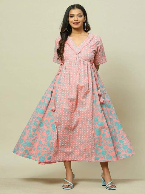 rangriti pink cotton printed a-line dress