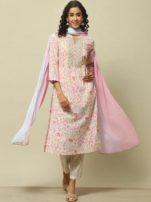 rangriti pink cotton printed kurta pant set with dupatta