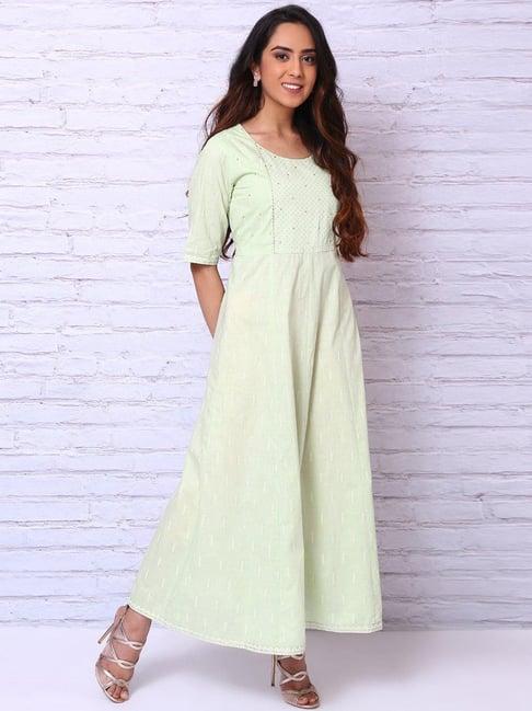 rangriti pista green cotton printed maxi dress