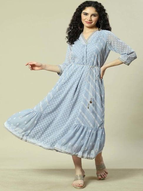 rangriti powder blue embroidered a-line dress