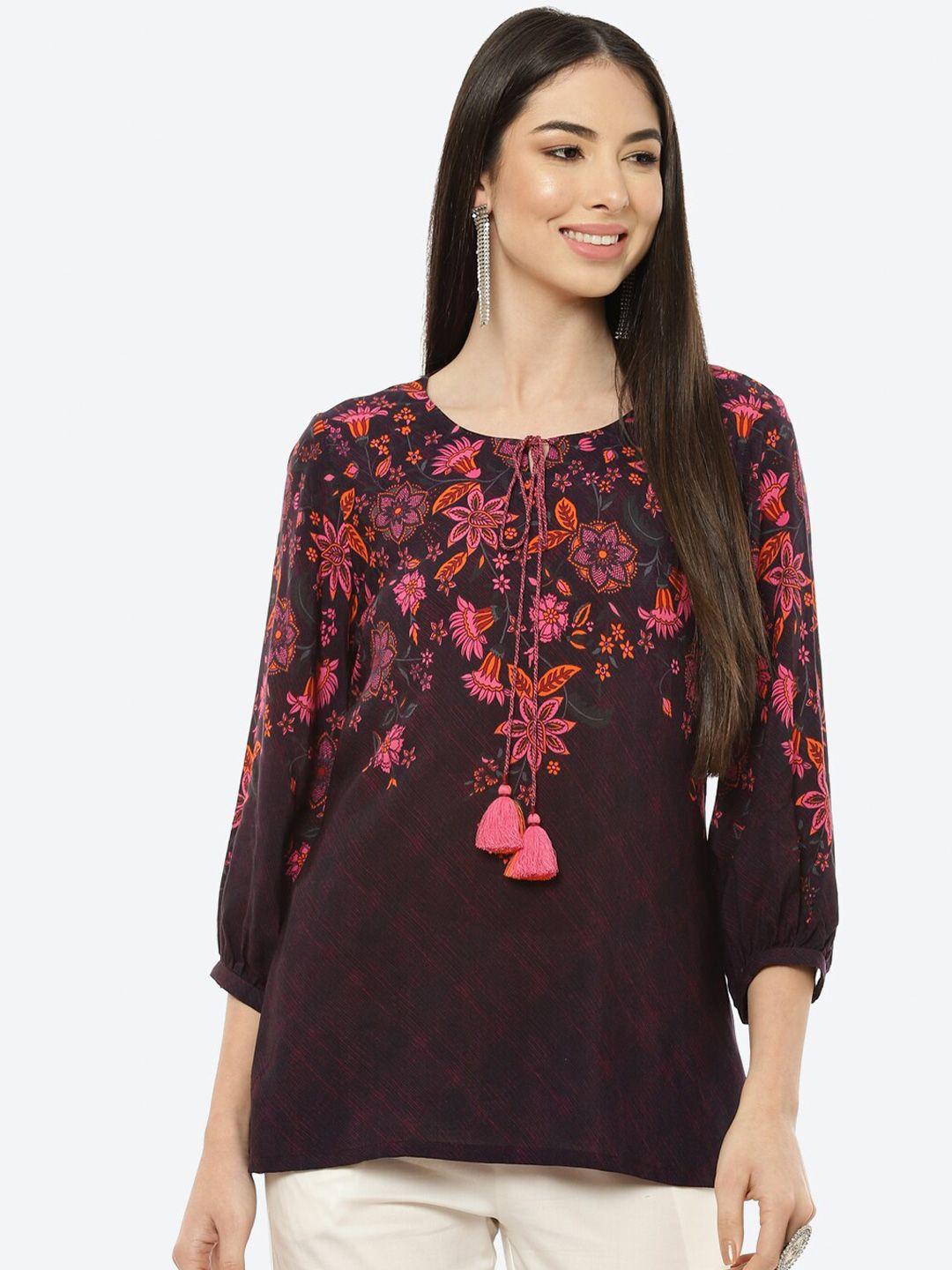 rangriti purple & pink floral print tie-up neck top