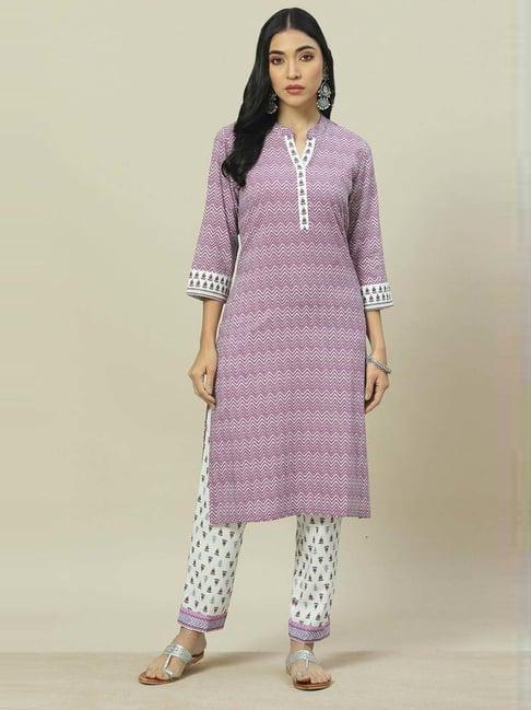 rangriti purple & white printed kurta and pant set