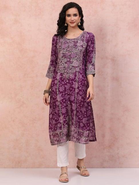 rangriti purple printed straight kurta