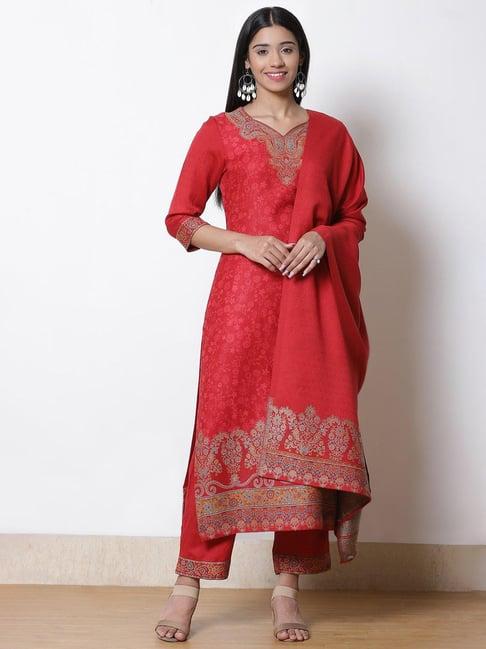 rangriti red embroidered kurta & bottom set with dupatta