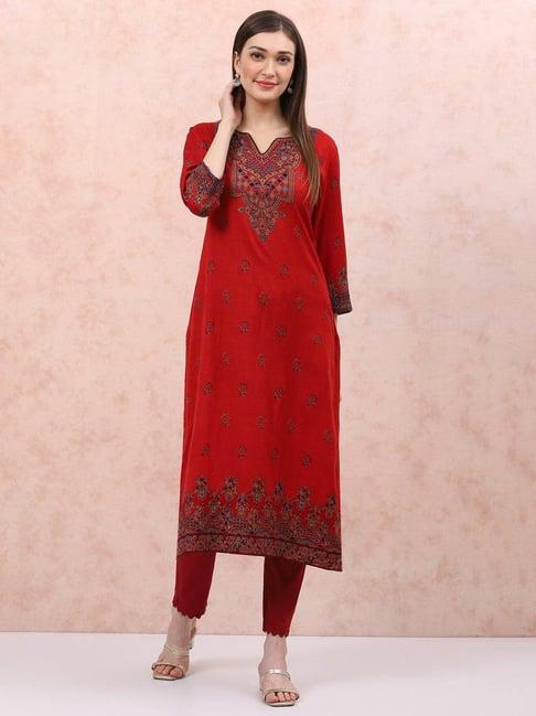 rangriti red embroidered kurta pant set