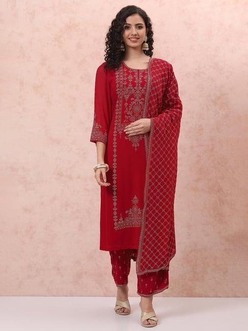 rangriti red printed kurta palazzo set with dupatta