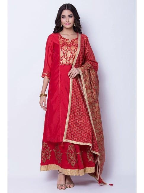 rangriti red printed kurta skirt set with dupatta