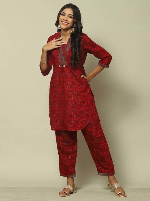 rangriti red printed kurti pant set