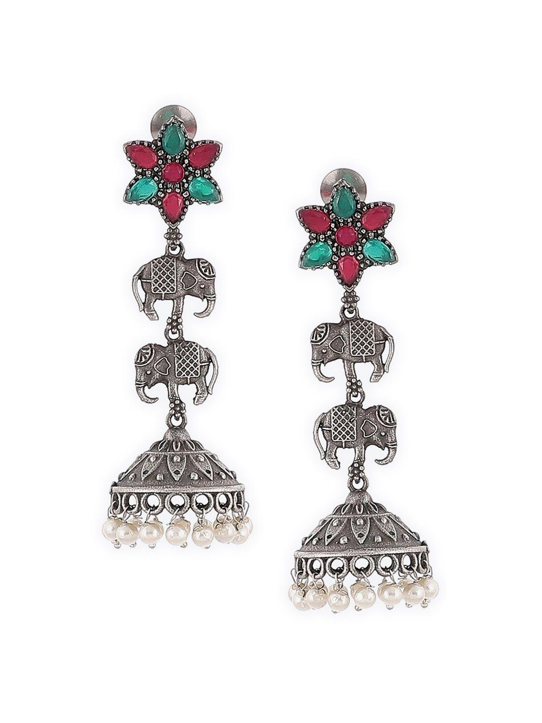 rangriti silver-toned & green animal shaped jhumkas oxidised earrings