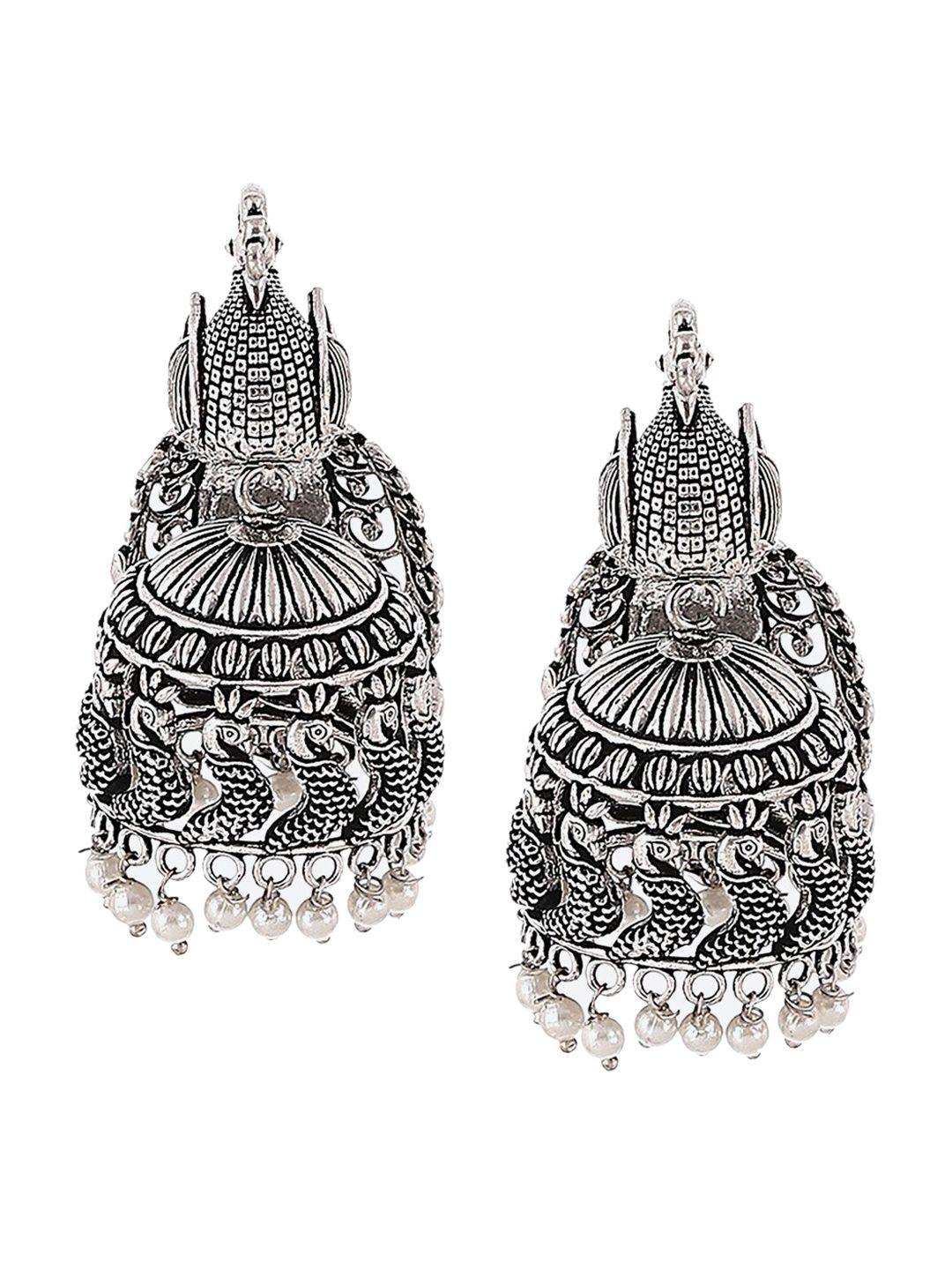 rangriti silver-toned contemporary jhumkas earrings