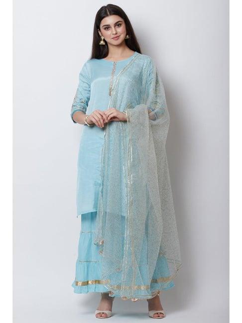 rangriti sky blue cotton kurta skirt set with dupatta