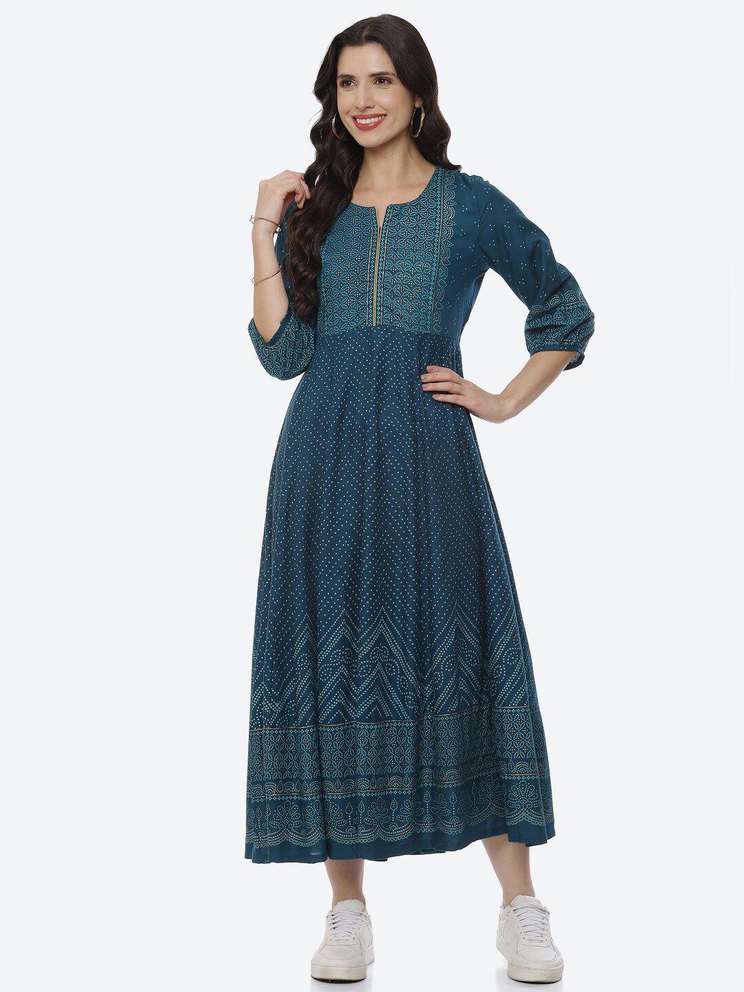 rangriti teal & white ethnic motifs maxi dress